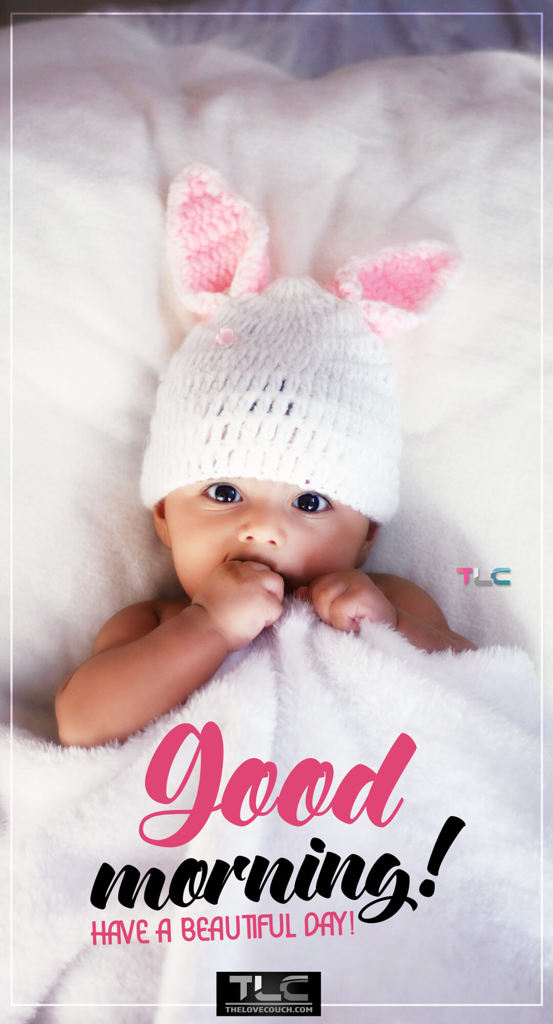 Good Morning Images - Cute baby with white bunny knit cap lying in bed - Have a Beautiful Day Good Morning Images - Cute baby with white bunny knit cap lying in bed - Have a Beautiful Day