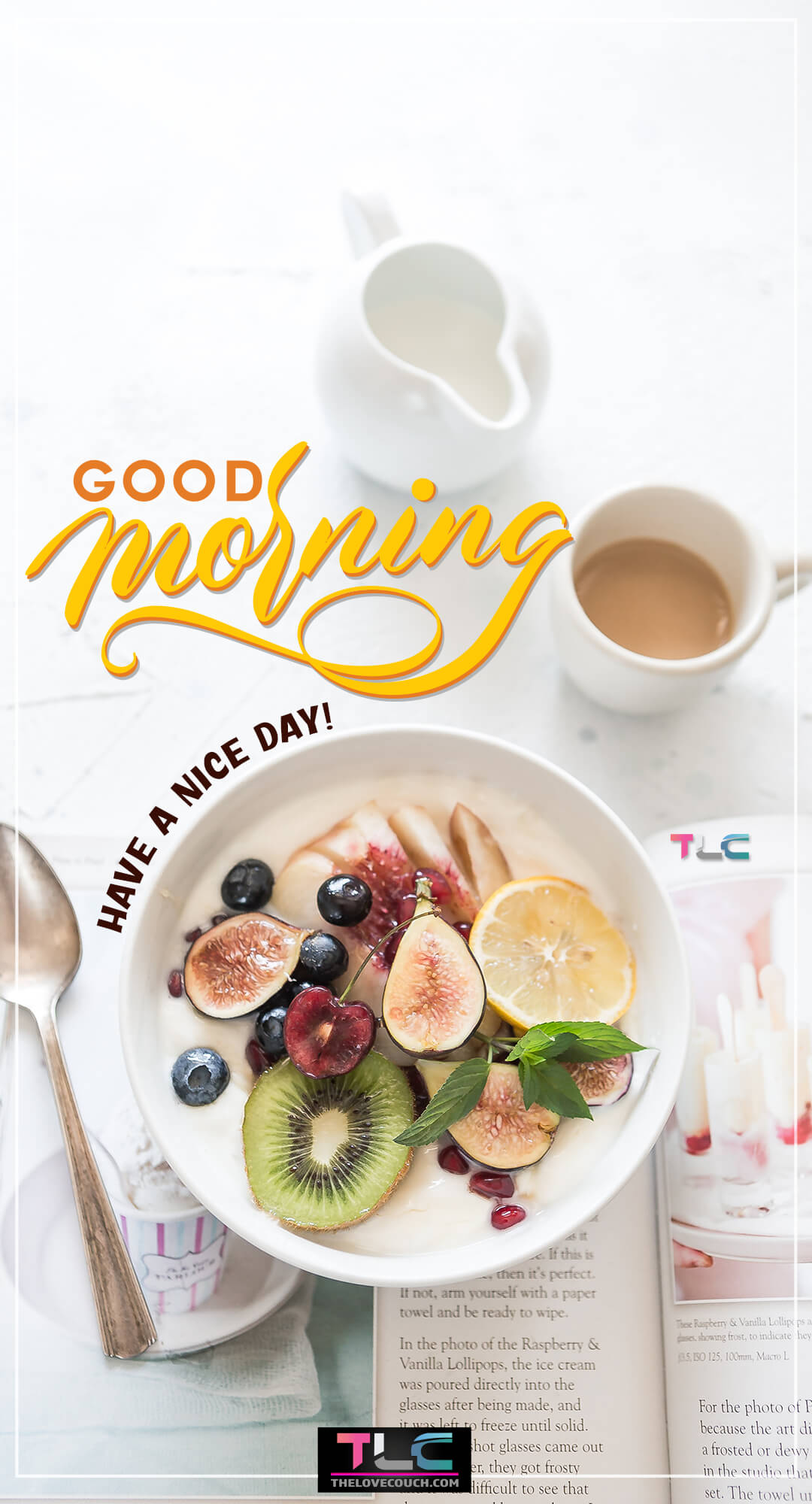 Good Morning Images - Mixed fruit breakfast in ceramic plate beside gray steel spoon - Have a nice day Good Morning Images - Mixed fruit breakfast in ceramic plate beside gray steel spoon - Have a nice day