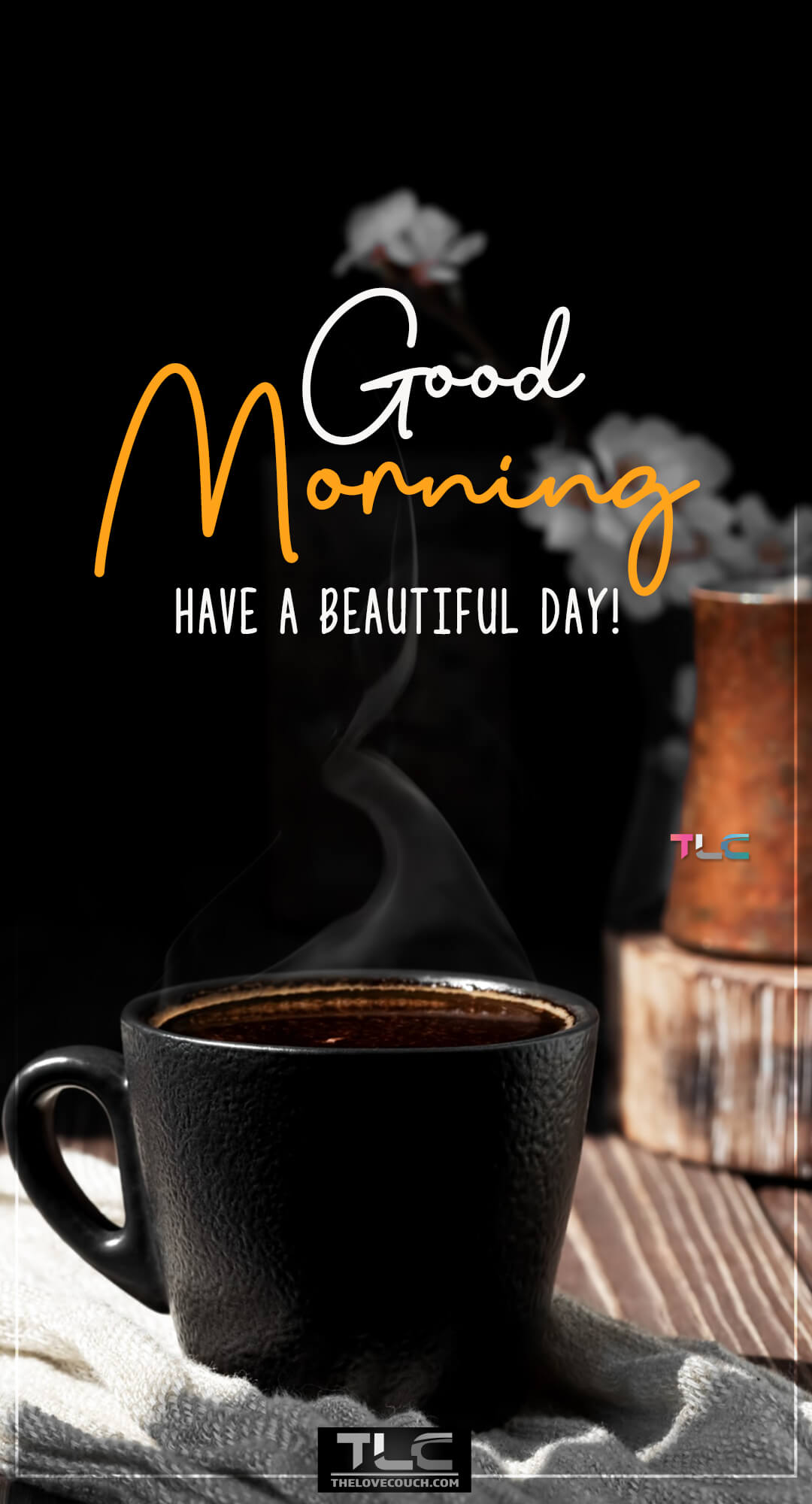 Good Morning Pictures - Aromatic espresso in black ceramic mug on wooden surface - Have a beautiful day Good Morning Pictures - Aromatic espresso in black ceramic mug on wooden surface - Have a beautiful day