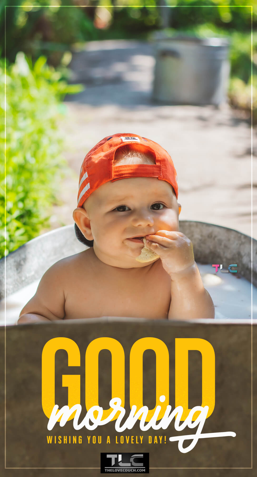 Beautiful Good Morning Images - Happy baby boy with face cap eating in a little pool - Wishing you a lovely day