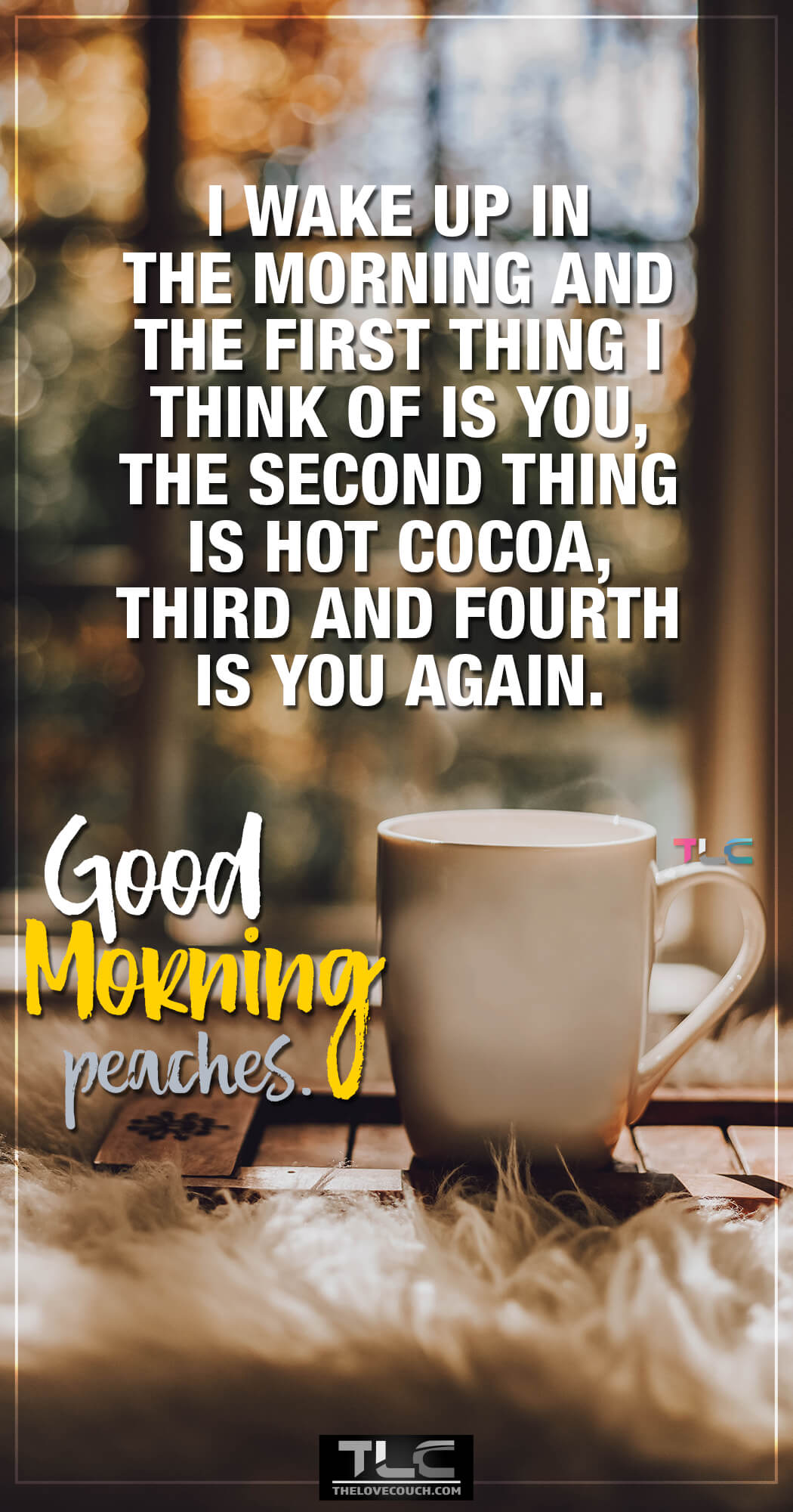 I wake up in the morning and the first thing I think of is you, the second thing is hot cocoa, third and fourth is you again. Good morning peaches.